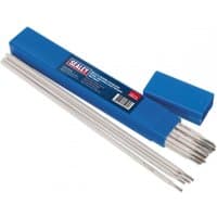 Blue box of Sealey stainless steel welding electrodes, Ø3.2 x 350mm, with visible rods extending from the open end.