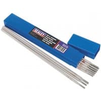 Sealey stainless steel welding electrodes, Ø4 x 350mm, in blue rectangular box with Sealey logo and product details.