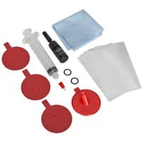 Sealey Windscreen Repair Kit with syringe, resin bottle, red applicators, cloth, and adhesive sheets.