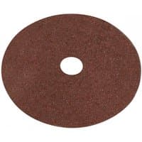 Brown circular fibre-backed disc with a central hole, 100mm diameter, 24 grit, pack of 25 by Sealey.