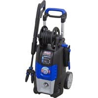 Blue and black Sealey pressure washer with wheels, hose reel, and ergonomic handle.