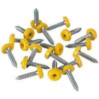 Yellow plastic enclosed head screws with silver metal threads, designed for number plates by Sealey.