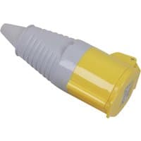 Yellow Sealey socket 110v 32 amp with ribbed white grip and cylindrical design.
