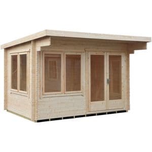 Light wood log cabin with a flat roof, featuring large windows and double doors, measuring 3.6m x 3.6m, made from 28mm timber.