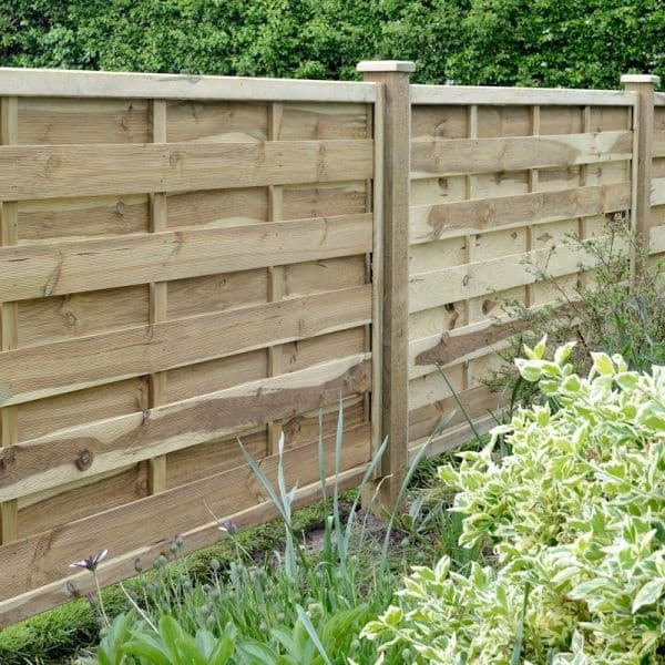 Wooden square panel fence in natural wood finish, measuring 6ft x 3ft, featuring horizontal slats and sturdy posts, surrounded by green foliage.