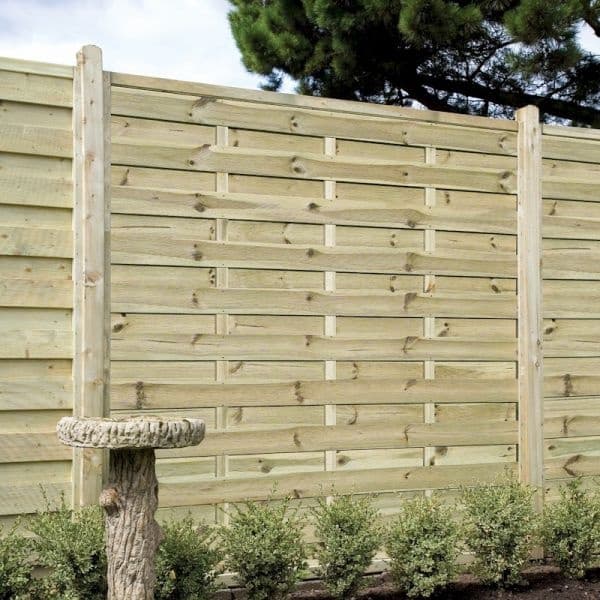 Grange Elite Esprit Square Fence Panel in natural wood finish, featuring horizontal slats and sturdy vertical posts, set against a backdrop of greenery and a stone birdbath.