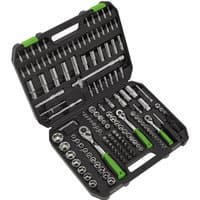 Black and green Siegen 171 piece socket and screwdriver bit set in a hard case with organized compartments.