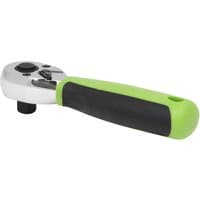 Stubby ratchet with a silver head, black switch, and green and black ergonomic handle.