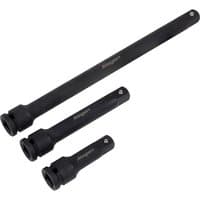 Siegen 3 Piece 1/2" Drive Impact Socket Extension Bar Set, black steel, varying lengths with square drive ends.