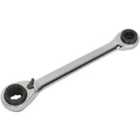 "Silver Siegen 4 in 1 Ratchet Ring Spanner with dual black ring heads and sleek chrome finish"