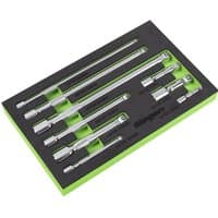 Siegen 9 Piece Combination Drive Socket Extension Bar Set in black foam tray with green edges, various silver bars.
