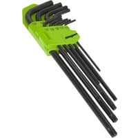 Black Siegen 9 Piece Long Tri-Star Key Set with green holder, featuring L-shaped keys of varying sizes.