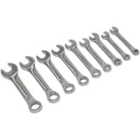 Siegen 9 Piece Stubby Combination Spanner Set in silver, featuring short handles and open and ring ends, arranged in size order.