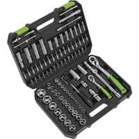 Black Siegen 94 piece socket set with green accents, includes ratchets, sockets, and extensions in a molded case.