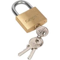 Siegen Brass Padlock with silver shackle and two attached silver keys.