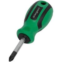 Green and black Siegen Pozi screwdriver with a short, silver metal shaft and ergonomic handle.