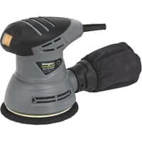 Gray Siegen S0125 Dual Action Palm Sander with black grip, 125mm pad, and dust collection bag.