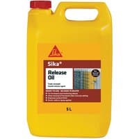 Yellow Sika Release Oil 5L container with red cap and label showing application images.