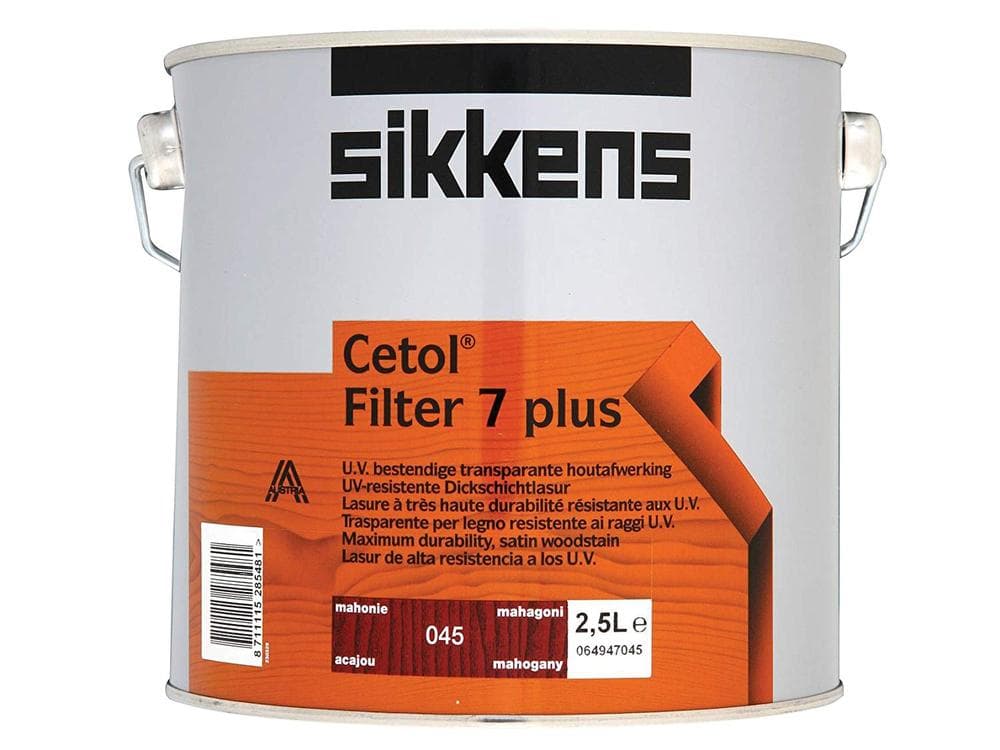 Translucent mahogany woodstain in a metal canister labeled "Sikkens Cetol Filter 7 Plus," featuring a bright orange and white design with product details and volume.