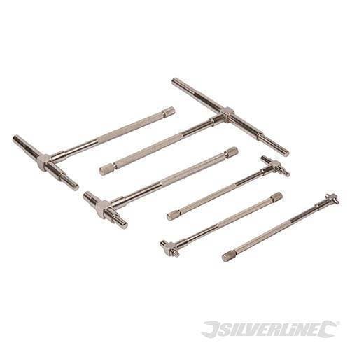 Silverline Telescopic Gauge Set featuring six metal gauges, varying in size from 8mm to 150mm, with a shiny silver finish and T-shaped handles for easy measurement.