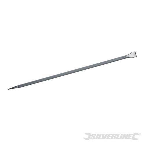 Silverline chisel and point bar, 1200mm long and 27mm wide, made of durable steel with a polished silver finish and a tapered point for effective prying and digging.