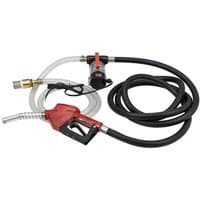 Red and black SIP 12V diesel transfer pump with hoses, nozzle, and brass fittings.