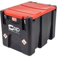 Black and red SIP 200L portable diesel tank with secure lid and high-flow 12V transfer pump.