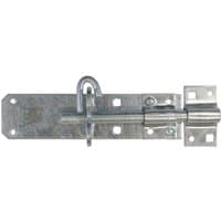 Galvanised Sirius Brenton padbolt with rectangular base and fixings, featuring a sliding bolt and loop latch.