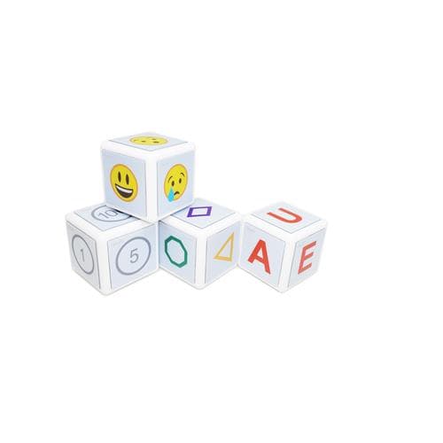 Four colorful, soft cubes featuring various symbols, including emojis and shapes, designed for educational play and learning by SMART Technologies.