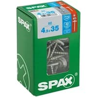 Green box of SPAX S-Steel Sealing Screws, 4.5 x 35mm, pack of 60, with visible screws through a clear window.