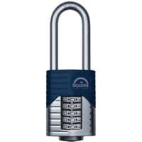 Silver and blue Squire combination padlock with long boron shackle and four-digit dials.