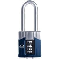 Blue and silver Squire Warrior combination padlock with long shackle and four black dials.