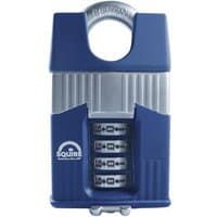 Blue and silver Squire WARRIOR COMBI 55C high-security padlock with closed shackle and four-digit combination.