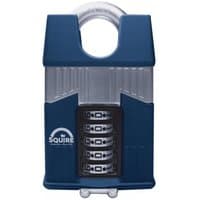 Blue and silver Squire Warrior high-security padlock with closed shackle and four-digit combination dials.