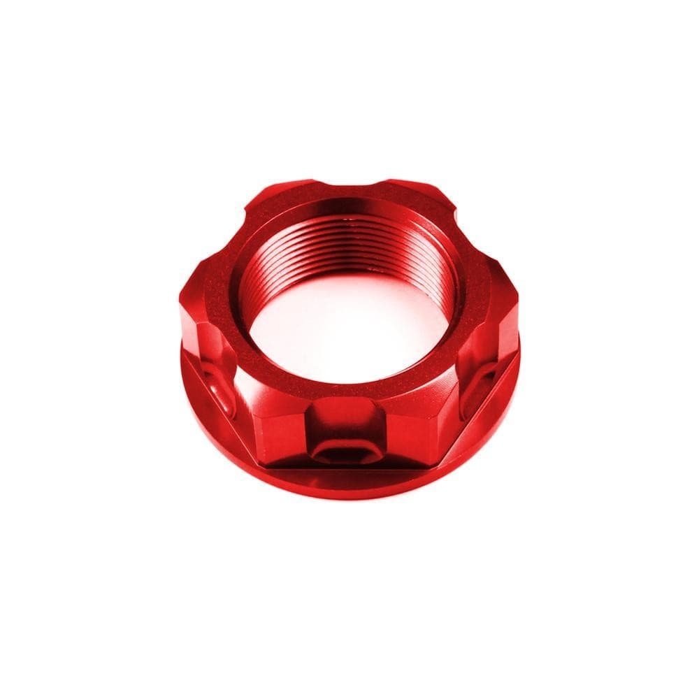 Bright red aluminum steering stem nut with a hexagonal design, featuring precise threading for secure fitment on various motorcycle models including Honda, Suzuki, and Yamaha.