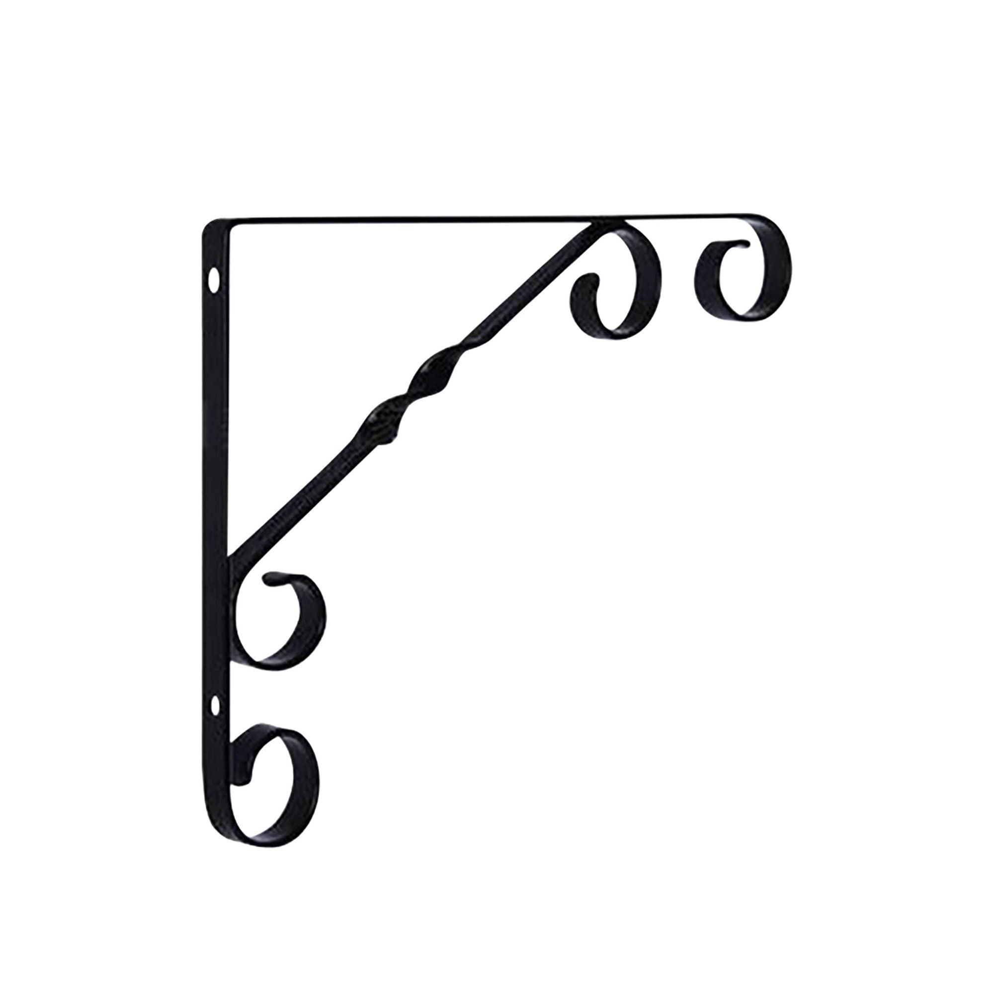 Black metal shelf mount bracket with a decorative twist design and three curved ends, suitable for supporting shelves, sold in a two-pack by Wilko.