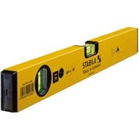 Yellow Stabila spirit level, 40cm, with two vials and black end caps.