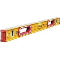 Yellow Stabila 196-2 spirit level with red end caps, three bubble vials, and ergonomic hand grips.
