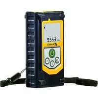 Stabila LD320 laser measure, black and yellow casing, digital display, buttons, and wrist strap, 40m range.