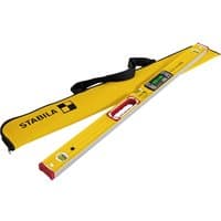 Yellow Stabila Tech 196M DL digital spirit level with LCD display, red end caps, and black carrying case.