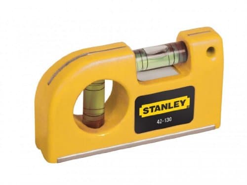 Yellow plastic pocket level with two vials for horizontal and vertical measurements, featuring a black Stanley logo and a sleek, compact design.