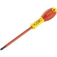 Red and yellow Stanley Fatmax VDE insulated screwdriver with Pozidriv PZ2 tip and 125mm shaft.