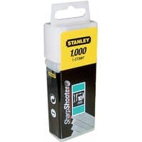 Stanley 1-CT308T flat narrow crown staples, 12mm, pack of 1000, in a yellow and black box with a clear top handle.