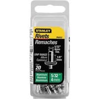 Stanley aluminium rivets pack, 5x3mm, silver, 15 pieces, in clear plastic packaging with black and yellow label.