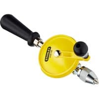 Yellow Stanley 105 hand drill with black handle and metal chuck, featuring a side crank for manual operation.