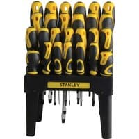 Black and yellow Stanley 26 piece screwdriver set with ergonomic handles in a compact black rack.