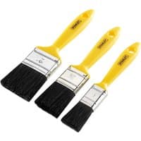 Yellow-handled Stanley 3 Piece Hobby Paint Brush Set with black bristles and metal ferrules.
