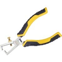 Yellow and black Stanley DynaGrip wire strippers with ergonomic handles and adjustable screw.