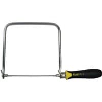 Stanley Fatmax coping saw with a black and yellow handle, silver frame, and thin replaceable blade.