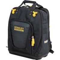Black Stanley Fatmax backpack with yellow accents, multiple compartments, and padded shoulder straps.